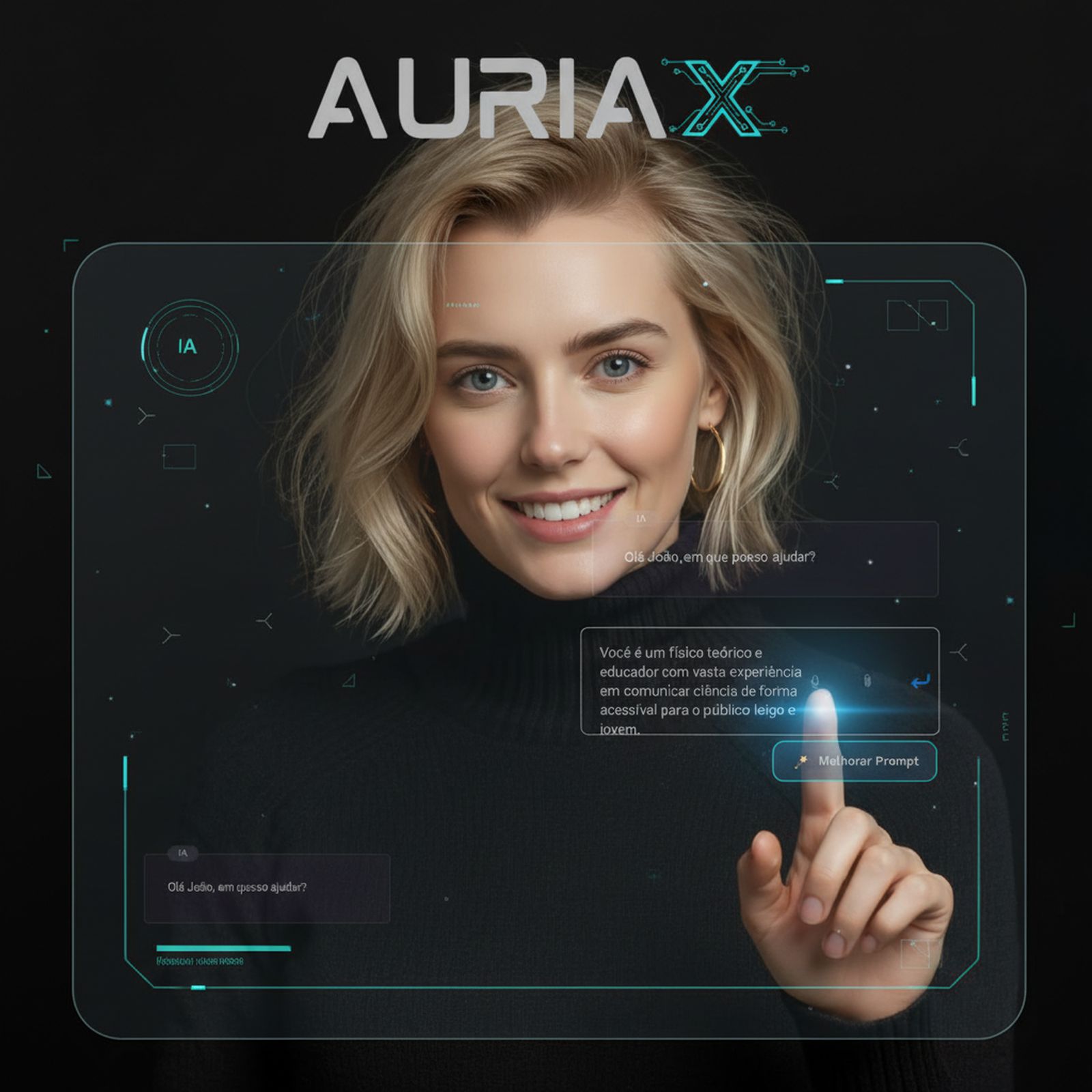 Interface AuriaX mostrando otimização automática de prompts e melhoramento de perguntas